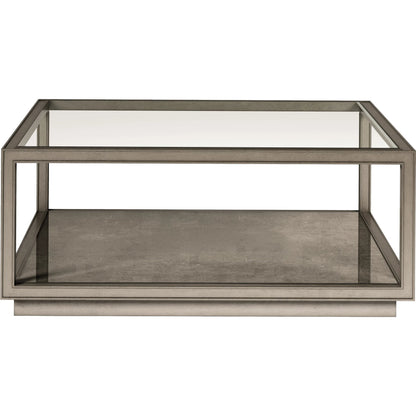 Cove Square Cocktail Table by A.R.T. Furniture in grey and mica. Made from rubberwood solids, primavera veneer, glass, cork in a traditional style.
