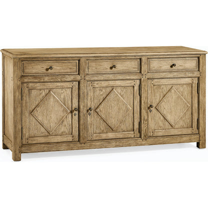 Timeless Eon Rustic French Credenza by Jonathan Charles in brown and stripped brown chestnut. Made from oak in a modern style.