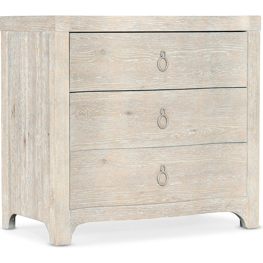 Serenity Antigua Three Drawer Nightstand by Hooker Furniture in surf, champagne. Made from oak veneers in a modern style.