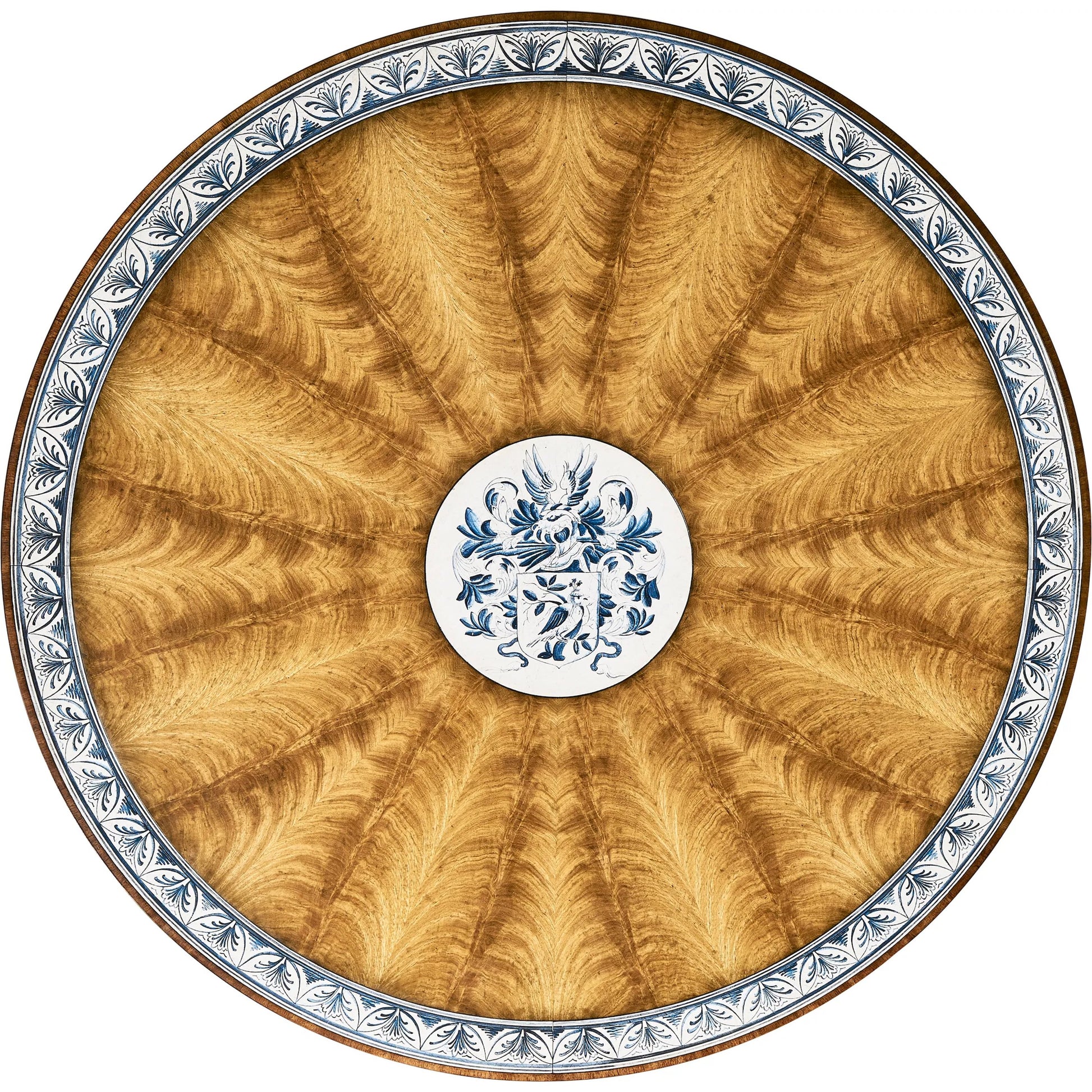 Vermeer Round Pedestal Dining Table by Jonathan Charles in brown and natural cerejeira. Made from alder, crotch cerajeria veneers, quartered acacia veneers in a traditional style.