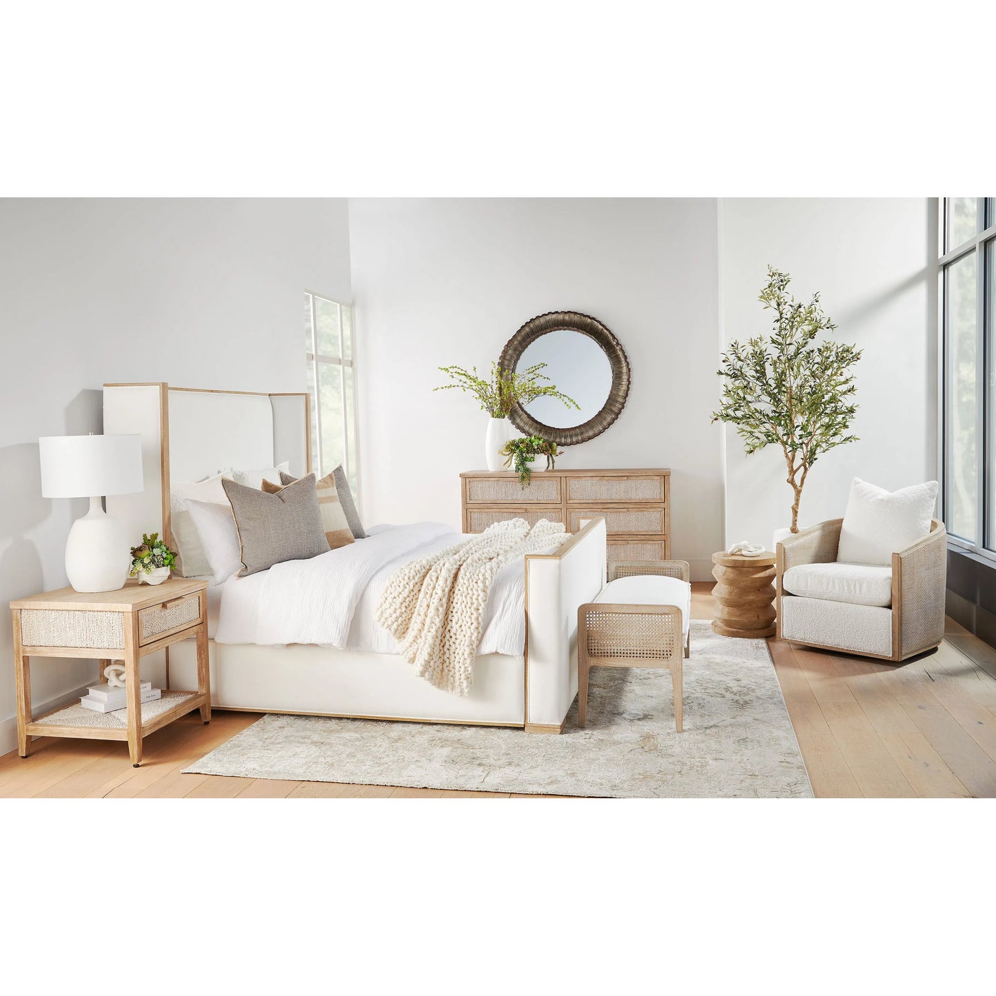 005 SI-2138265,SI-2138266,SI-2138267 | Lifestyle | Tailor Shelter Bed by Essentials For Living in livesmart peyton-pearl and natural gray oak. Made from solid oak wood, plywood, metal, 98% polyester/2% nylon fabric, foam in a modern style.