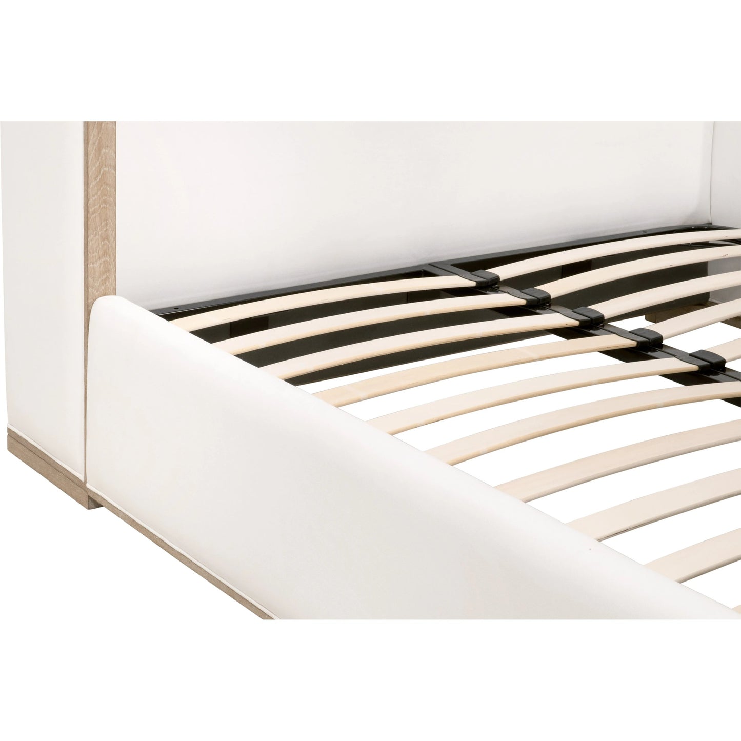 004 SI-2138265,SI-2138266,SI-2138267 | Closeup | Tailor Shelter Bed by Essentials For Living in livesmart peyton-pearl and natural gray oak. Made from solid oak wood, plywood, metal, 98% polyester/2% nylon fabric, foam in a modern style.