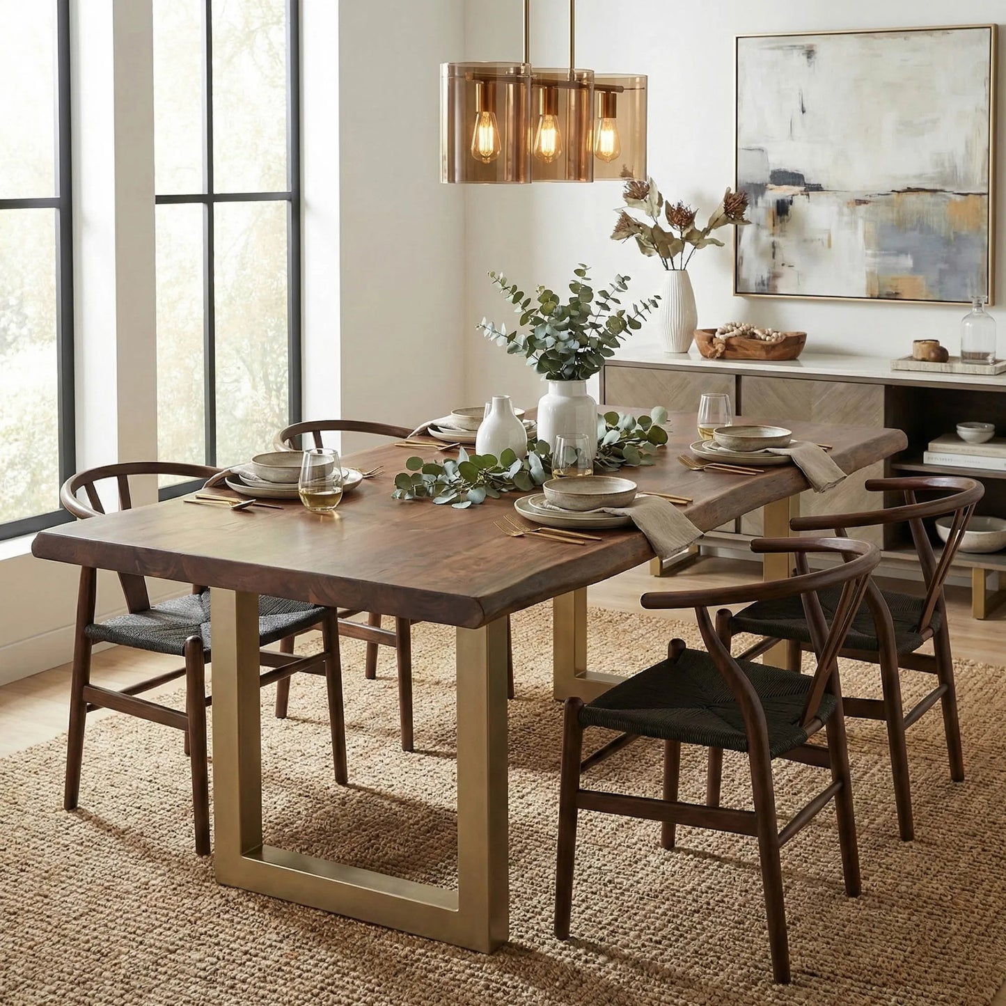 002 SI-2533524 | Lifestyle | Taj Dining Table by LH Imports in brown and vinegar, acrylic matte, silver, powder coat. Made from acacia, iron in a unique style.