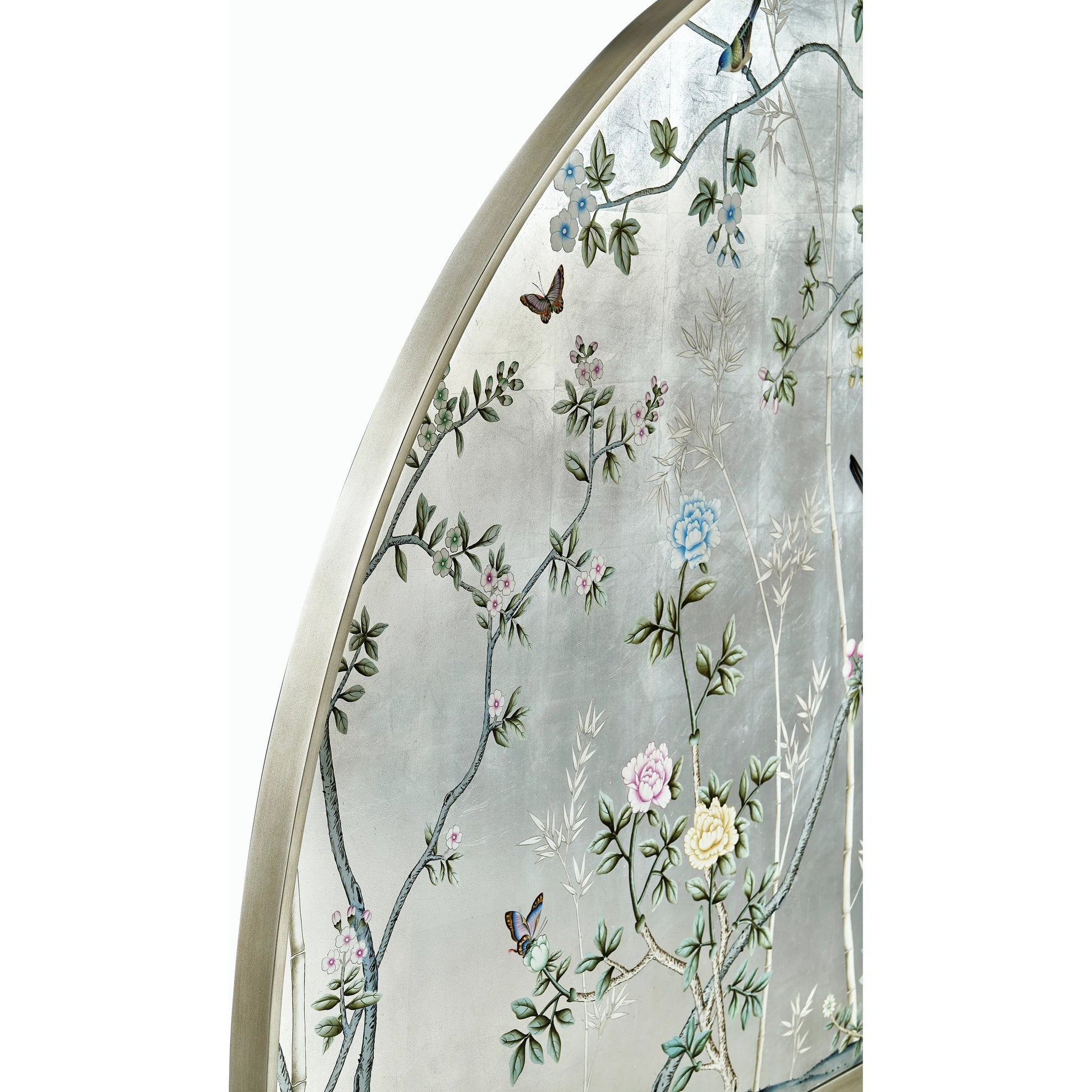 Shimmering Moon Half Round King Panel Bed by Jonathan Charles in white and painted silverleaf. Made from beech wood in a modern style.