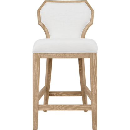 Tally Counter Stool by Worlds Away in cerused oak. Made from solid wood, mdf, foam, linen in a transitional style.