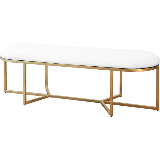 Tamia Bench by Worlds Away in gold leaf. Made from metal, plywood, foam, vinyl in a transitional style.