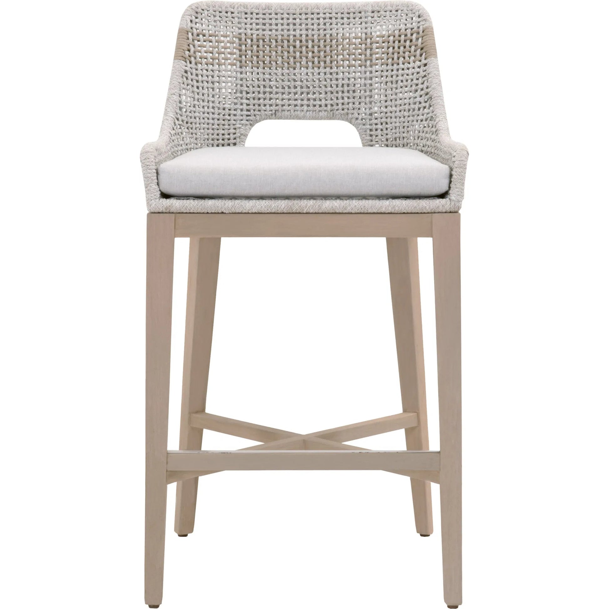 Tapestry Barstool by Essentials For Living in taupe, white flat rope, taupe stripe, performance pumice, washed ever teak. Made from solid teak wood, powder coated steel in a transitional style.
