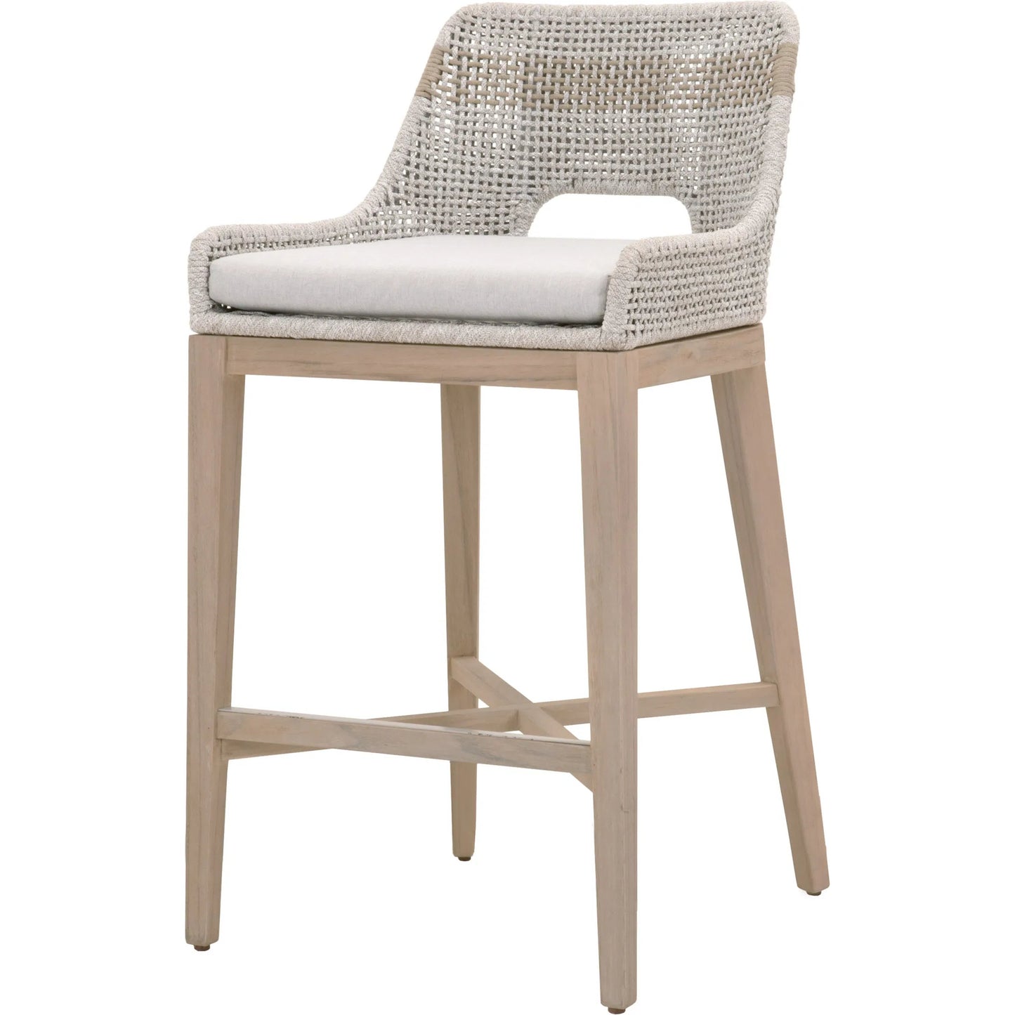 001 SI-2531743 | Primary Silo | Tapestry Barstool by Essentials For Living in taupe, white flat rope, taupe stripe, performance pumice, washed ever teak. Made from solid teak wood, powder coated steel in a transitional style.
