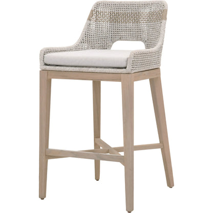 Tapestry Barstool by Essentials For Living in taupe, white flat rope, taupe stripe, performance pumice, washed ever teak. Made from solid teak wood, powder coated steel in a transitional style.
