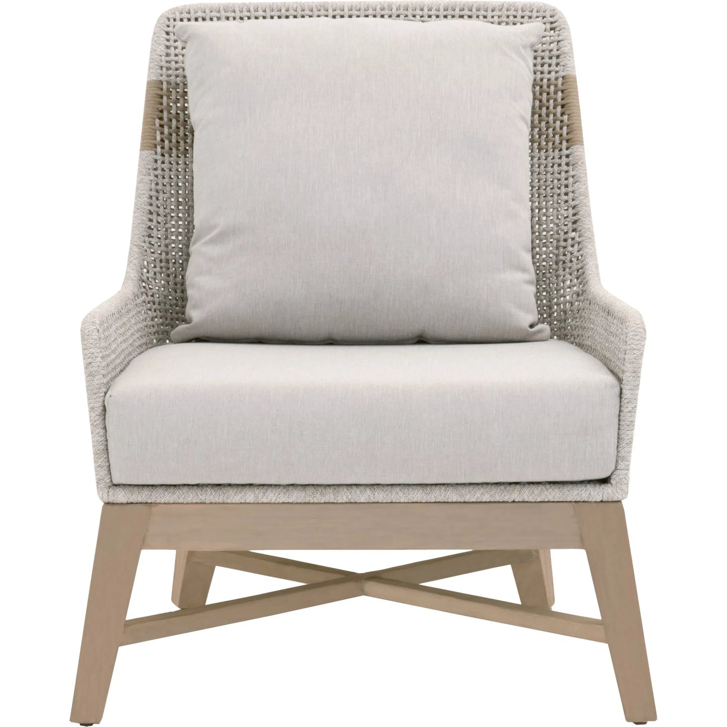 002 SI-2531744 | Additional Silo | Tapestry Club Chair by Essentials For Living in taupe, white flat rope, taupe stripe, performance pumice, washed ever teak. Made from solid teak wood, powder coated steel in a unique style.