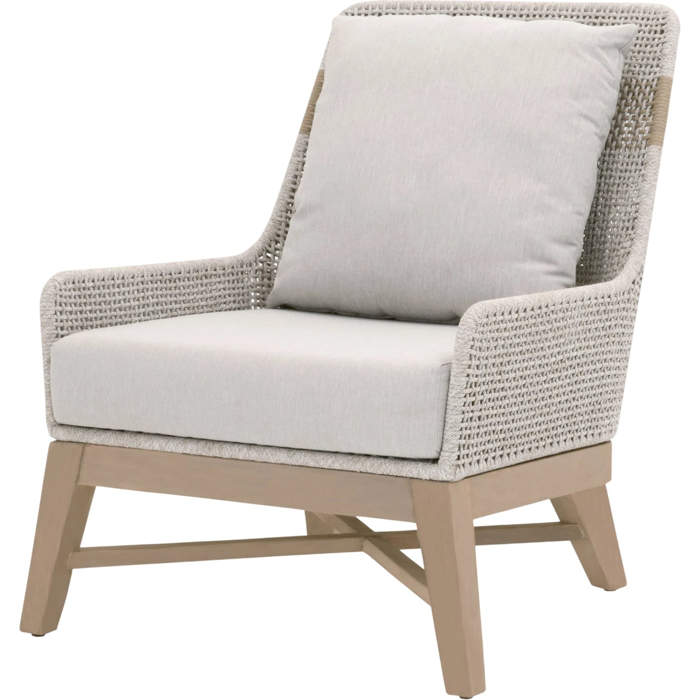001 SI-2531744 | Primary Silo | Tapestry Club Chair by Essentials For Living in taupe, white flat rope, taupe stripe, performance pumice, washed ever teak. Made from solid teak wood, powder coated steel in a unique style.