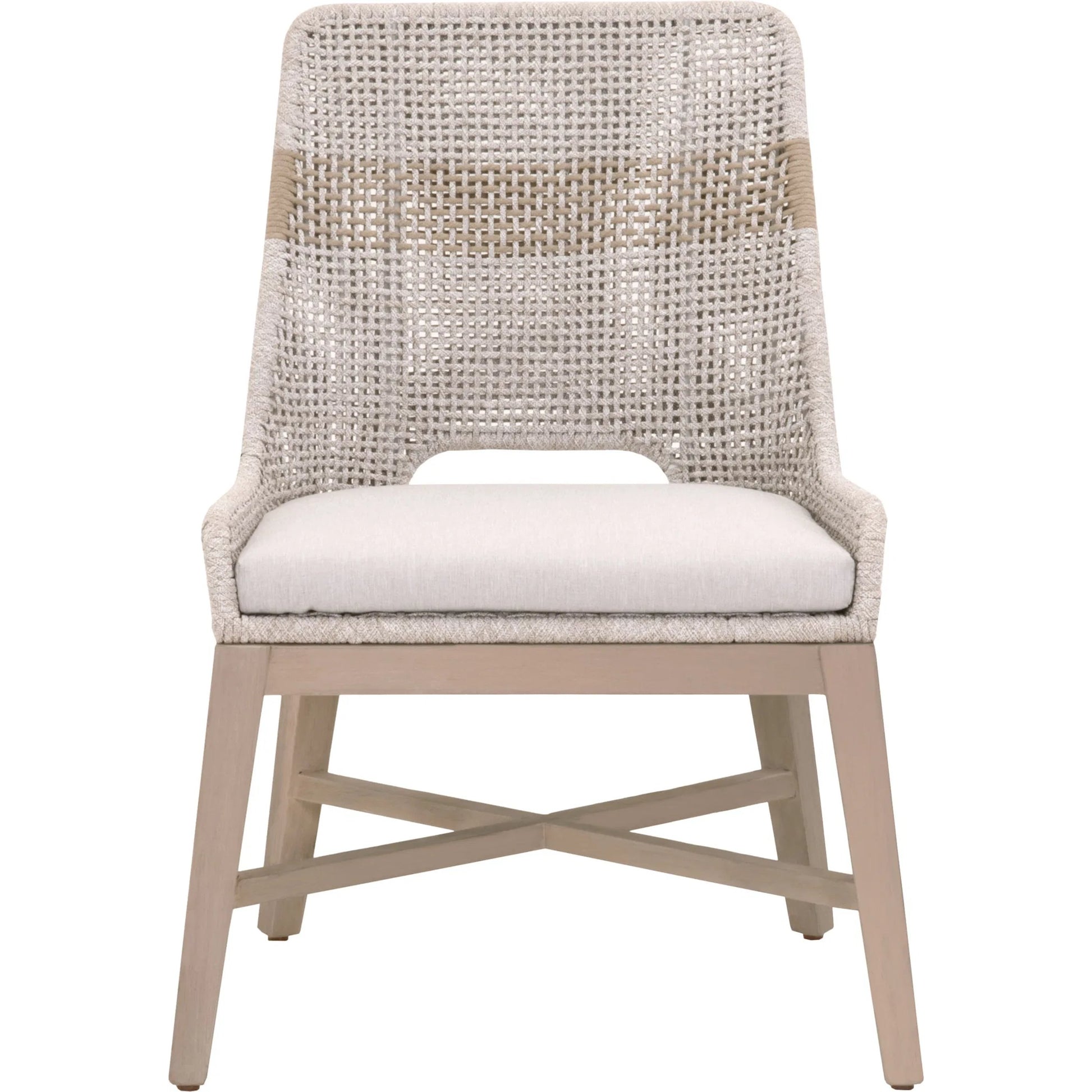 Tapestry Dining Chair (Set of 2) by Essentials For Living in taupe, white flat rope, taupe stripe, performance pumice, washed ever teak. Made from solid teak wood, powder coated steel in a transitional style.