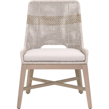 Tapestry Dining Chair (Set of 2) by Essentials For Living in taupe, white flat rope, taupe stripe, performance pumice, washed ever teak. Made from solid teak wood, powder coated steel in a transitional style.