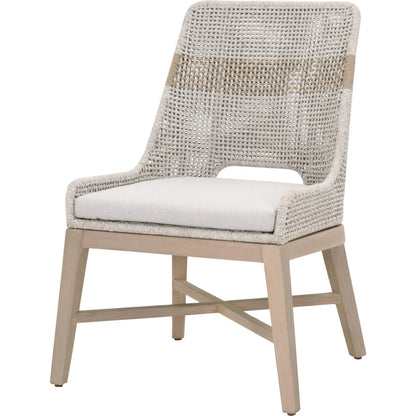 Tapestry Dining Chair (Set of 2) by Essentials For Living in taupe, white flat rope, taupe stripe, performance pumice, washed ever teak. Made from solid teak wood, powder coated steel in a transitional style.