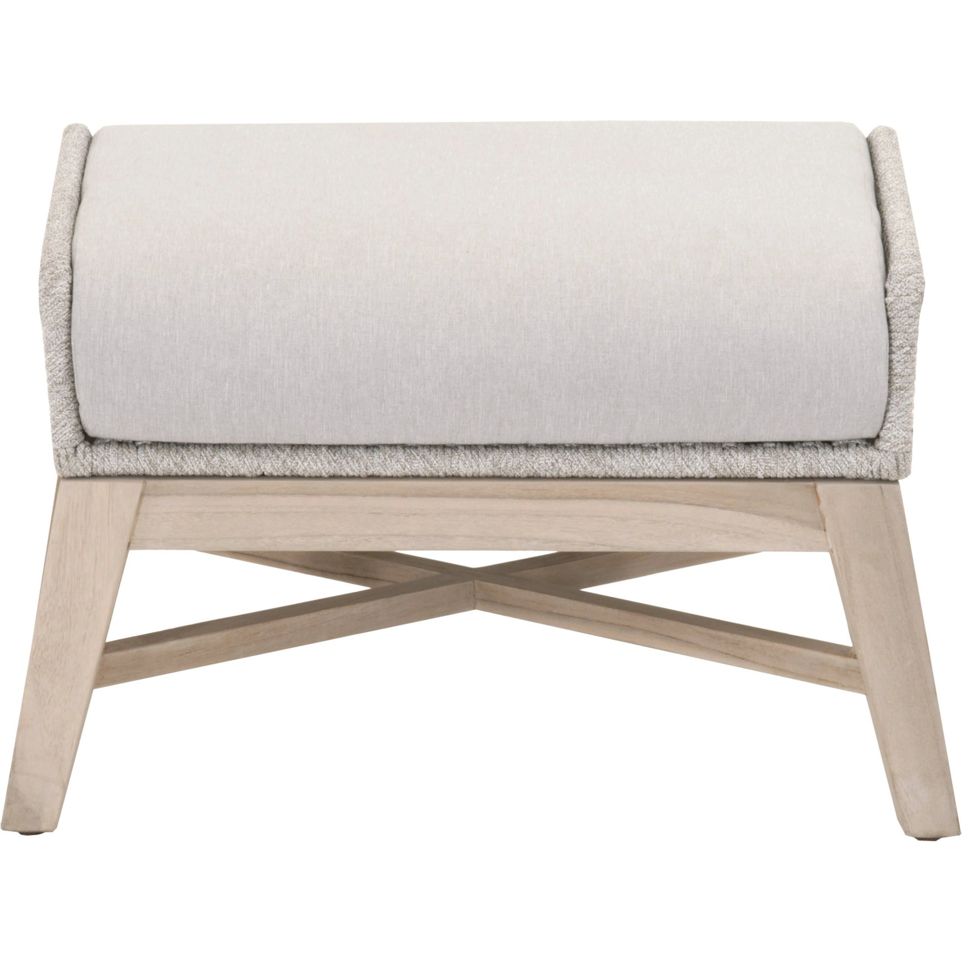 Tapestry Footstool by Essentials For Living in gray, taupe, white, pumice. Made from solid teak, steel pipe, rope, 100% olefin in a modern style.