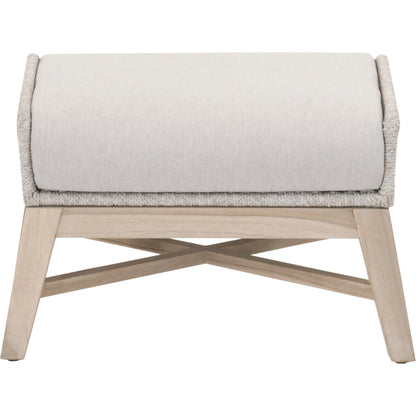 Tapestry Footstool by Essentials For Living in gray, taupe, white, pumice. Made from solid teak, steel pipe, rope, 100% olefin in a modern style.
