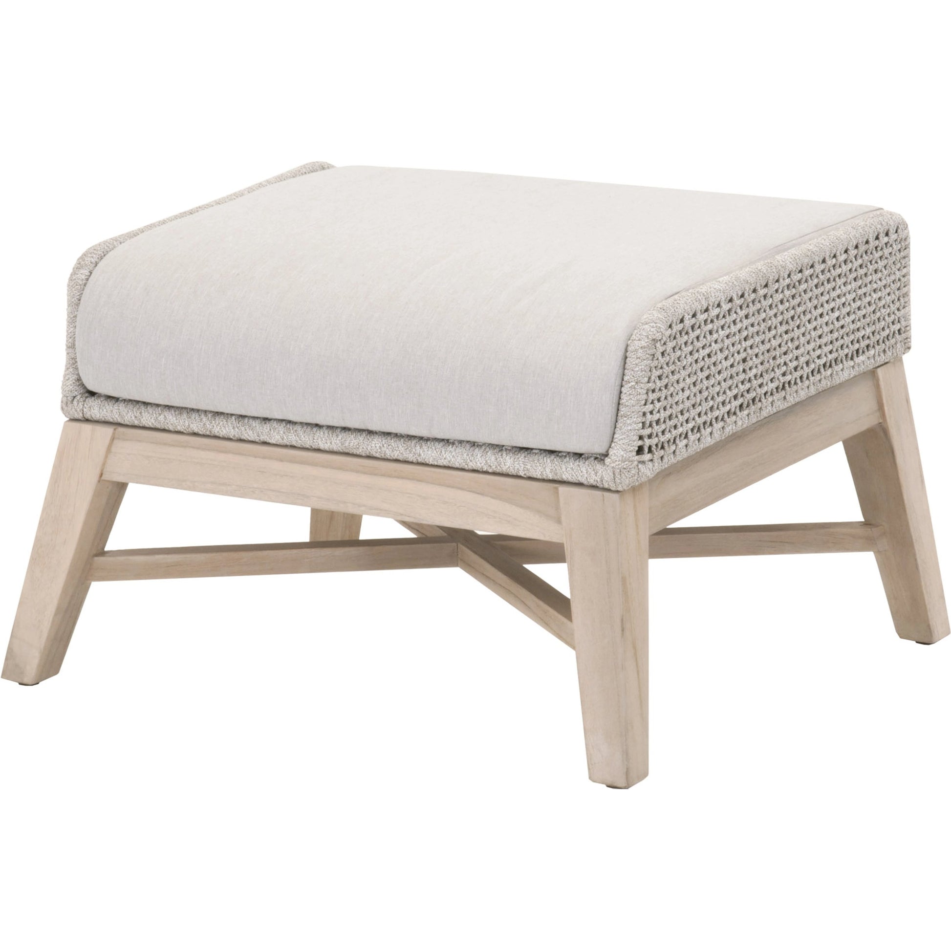 Tapestry Footstool by Essentials For Living in gray, taupe, white, pumice. Made from solid teak, steel pipe, rope, 100% olefin in a modern style.