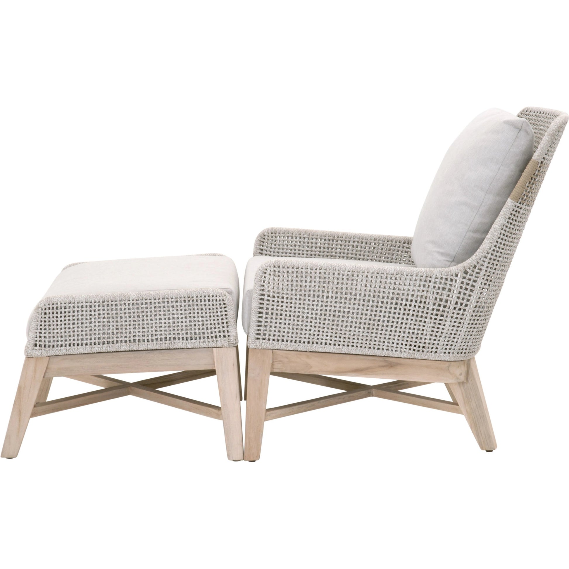 Tapestry Footstool by Essentials For Living in gray, taupe, white, pumice. Made from solid teak, steel pipe, rope, 100% olefin in a modern style.