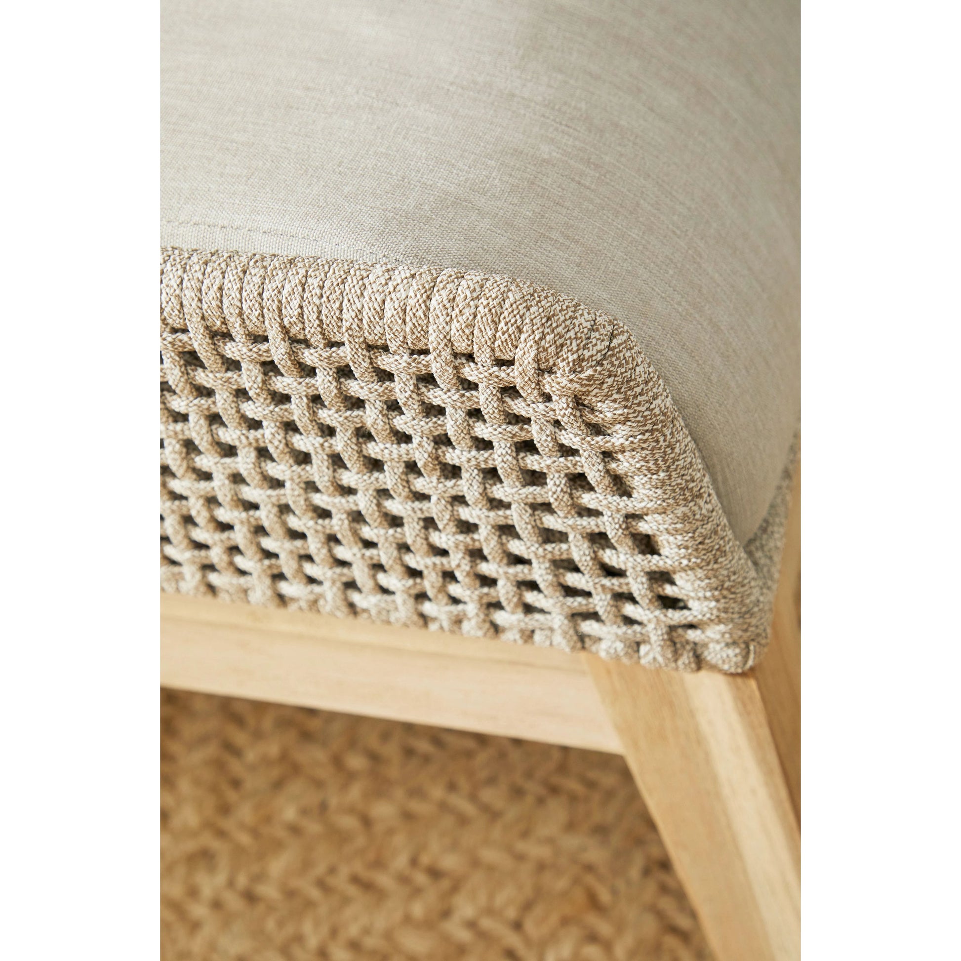 Tapestry Footstool by Essentials For Living in gray, taupe, white, pumice. Made from solid teak, steel pipe, rope, 100% olefin in a modern style.