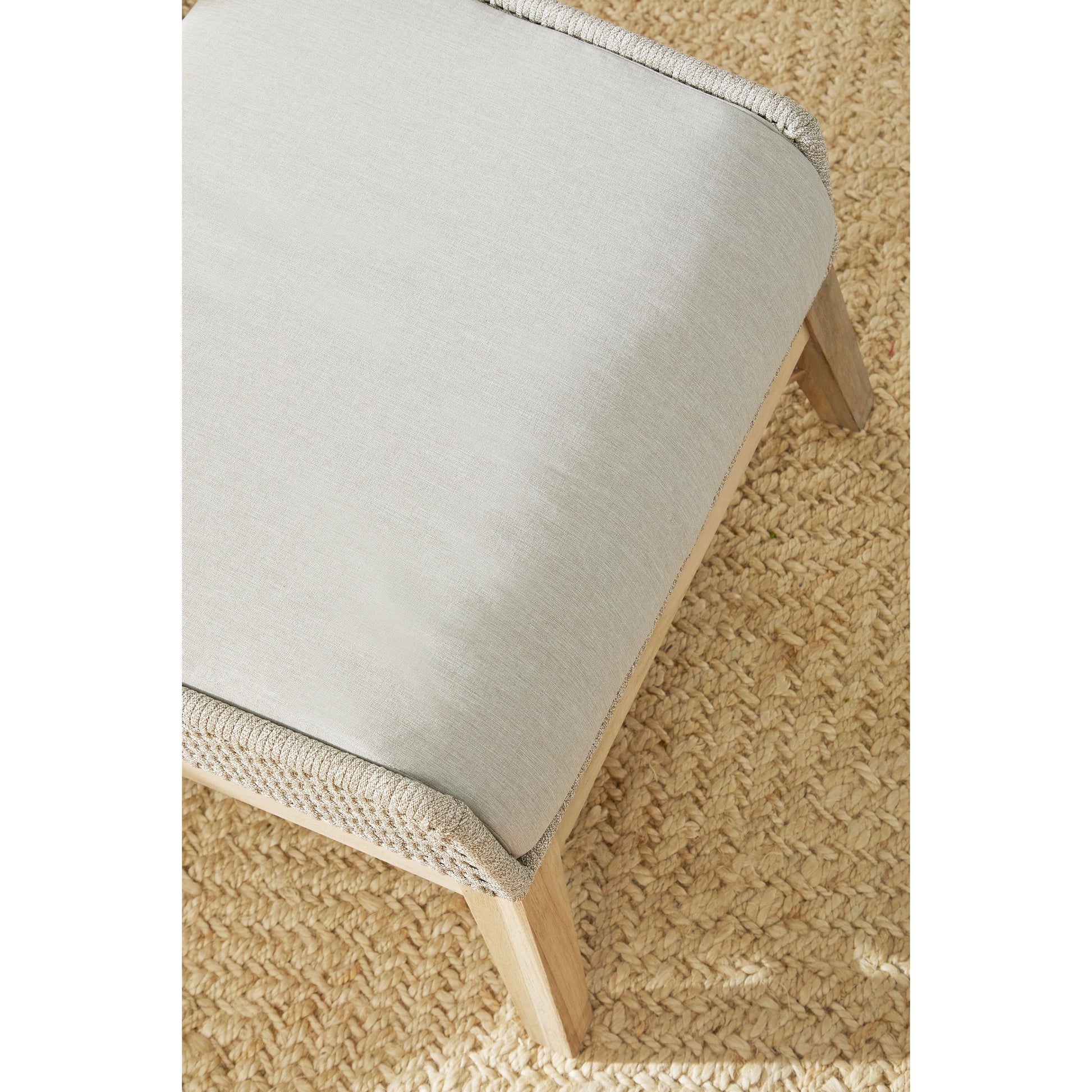 Tapestry Footstool by Essentials For Living in gray, taupe, white, pumice. Made from solid teak, steel pipe, rope, 100% olefin in a modern style.