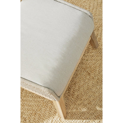 Tapestry Footstool by Essentials For Living in gray, taupe, white, pumice. Made from solid teak, steel pipe, rope, 100% olefin in a modern style.
