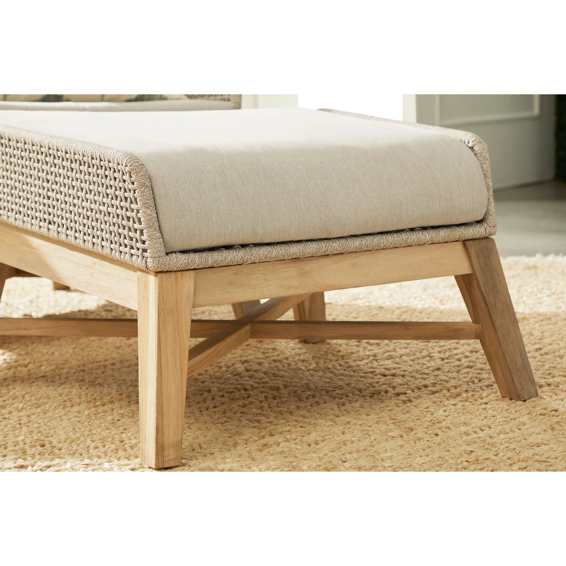 Tapestry Footstool by Essentials For Living in gray, taupe, white, pumice. Made from solid teak, steel pipe, rope, 100% olefin in a modern style.