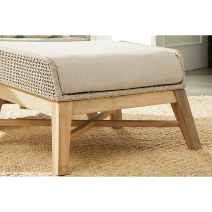 Tapestry Footstool by Essentials For Living in gray, taupe, white, pumice. Made from solid teak, steel pipe, rope, 100% olefin in a modern style.