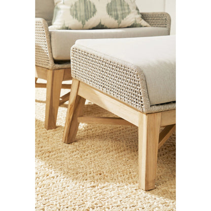 Tapestry Footstool by Essentials For Living in gray, taupe, white, pumice. Made from solid teak, steel pipe, rope, 100% olefin in a modern style.