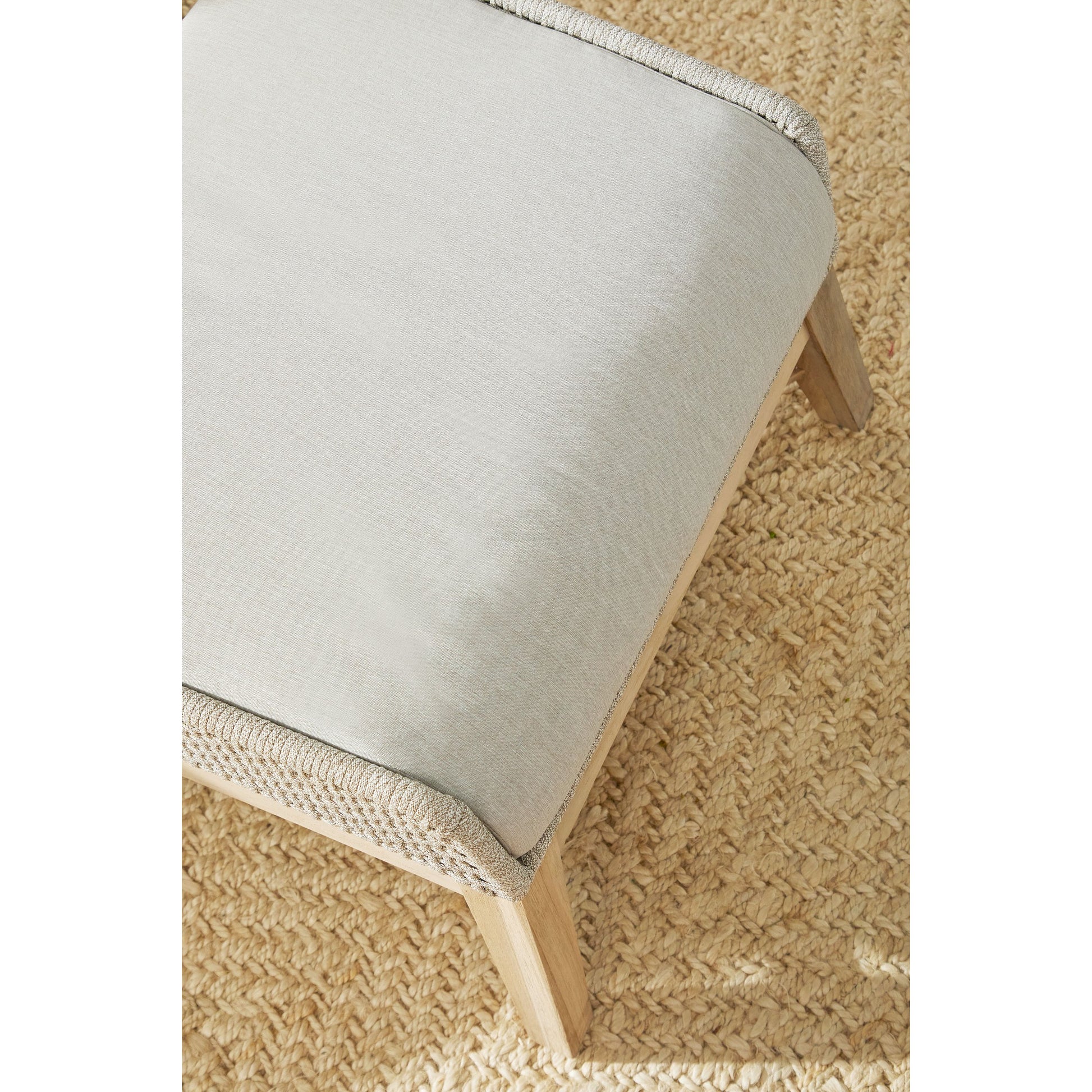 Tapestry Footstool by Essentials For Living in gray, taupe, white, pumice. Made from solid teak, steel pipe, rope, 100% olefin in a modern style.