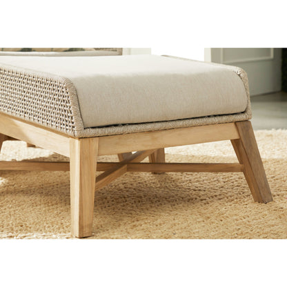 Tapestry Footstool by Essentials For Living in gray, taupe, white, pumice. Made from solid teak, steel pipe, rope, 100% olefin in a modern style.