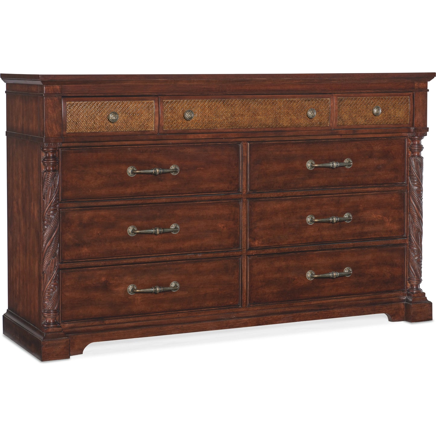 001 SI-2029040 | Primary Silo | Charleston Nine-Drawer Dresser by Hooker Furniture in maraschino cherry. Made from cherry veneers, cane, felt, resin in a traditional style.