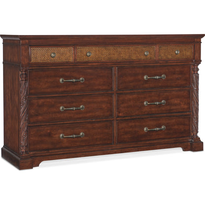 Charleston Nine-Drawer Dresser by Hooker Furniture in maraschino cherry. Made from cherry veneers, cane, felt, resin in a traditional style.