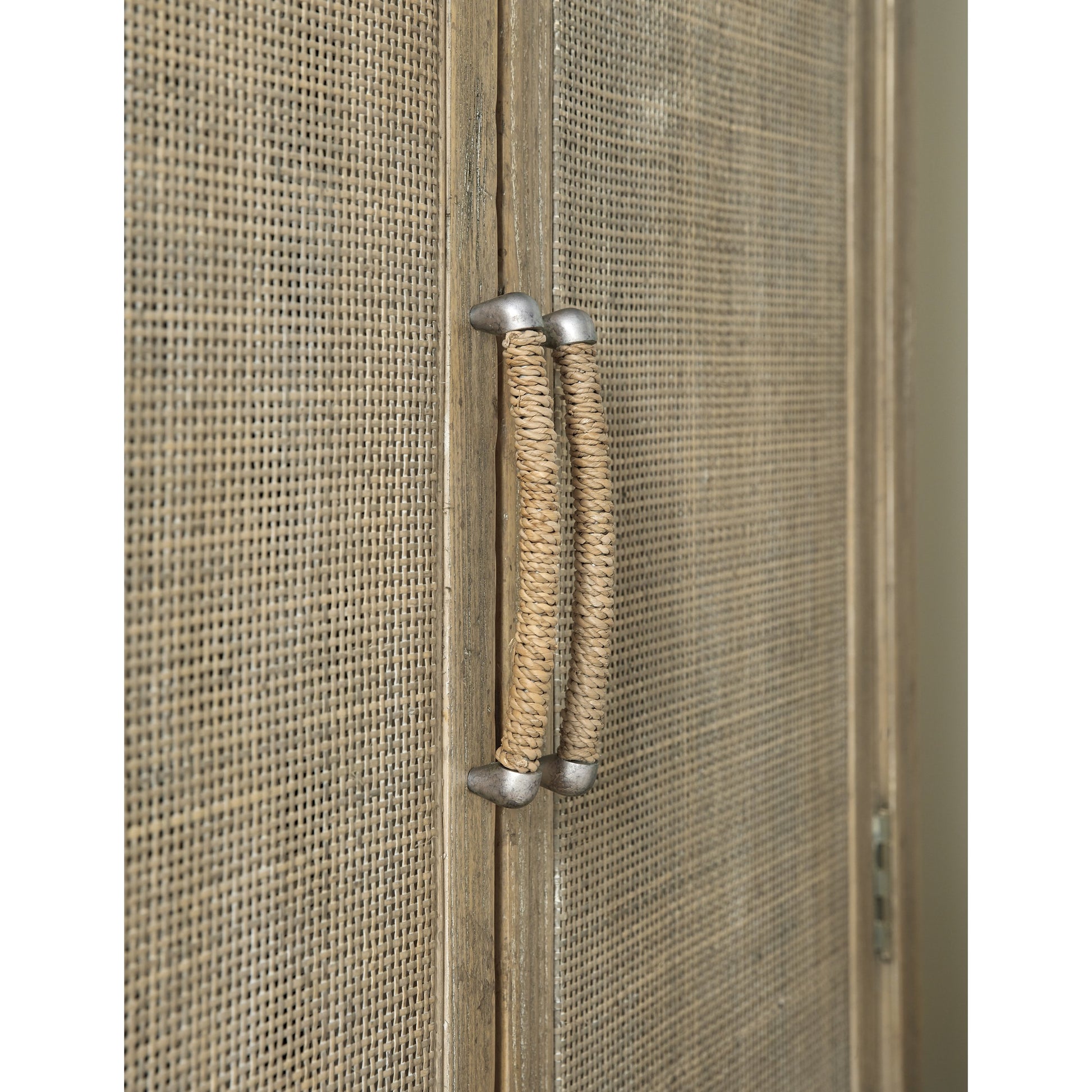 Surfrider Wardrobe by Hooker Furniture in driftwood. Made from pecan veneers, rattan, self-closing undermount drawer guides in a coastal style.
