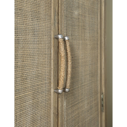 Surfrider Wardrobe by Hooker Furniture in driftwood. Made from pecan veneers, rattan, self-closing undermount drawer guides in a coastal style.