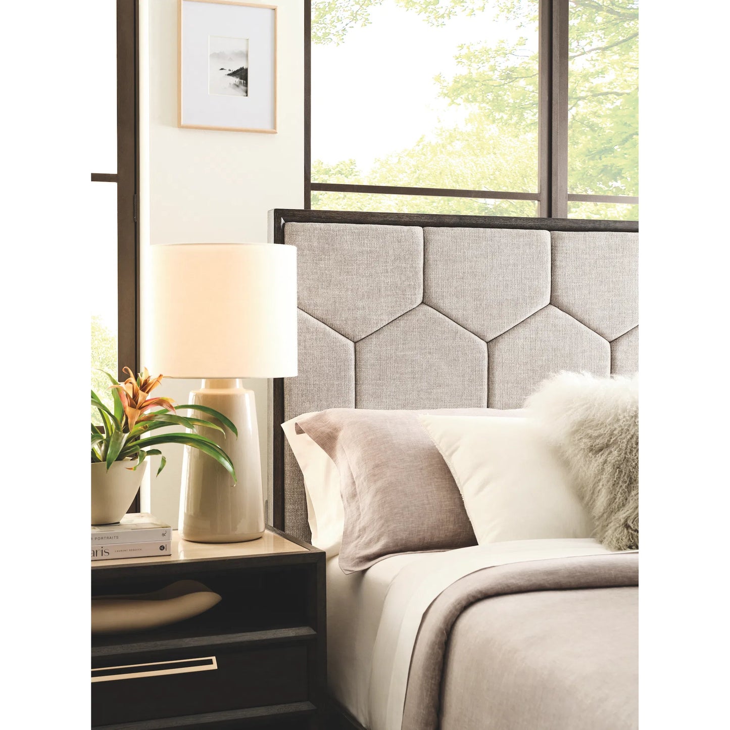 003 SI-2238769,SI-2238770,SI-2238771 | Closeup | Quincy Upholstered Bed by Pulaski Furniture in molasses. Made from ash wood veneers in a unique style.
