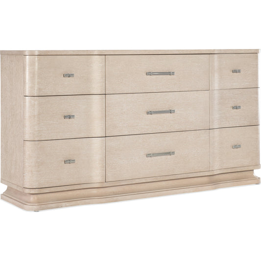 Nouveau Chic Nine Drawer Dresser by Hooker Furniture in sandstone. Made from oak veneers, cedar in a modern style.