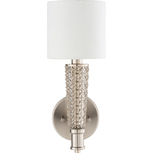 Tibby Wall Sconce - 25193 by Surya in white, clear, metallic nickel and brushed. Made from linen, polyester, glass, metal in a modern style.