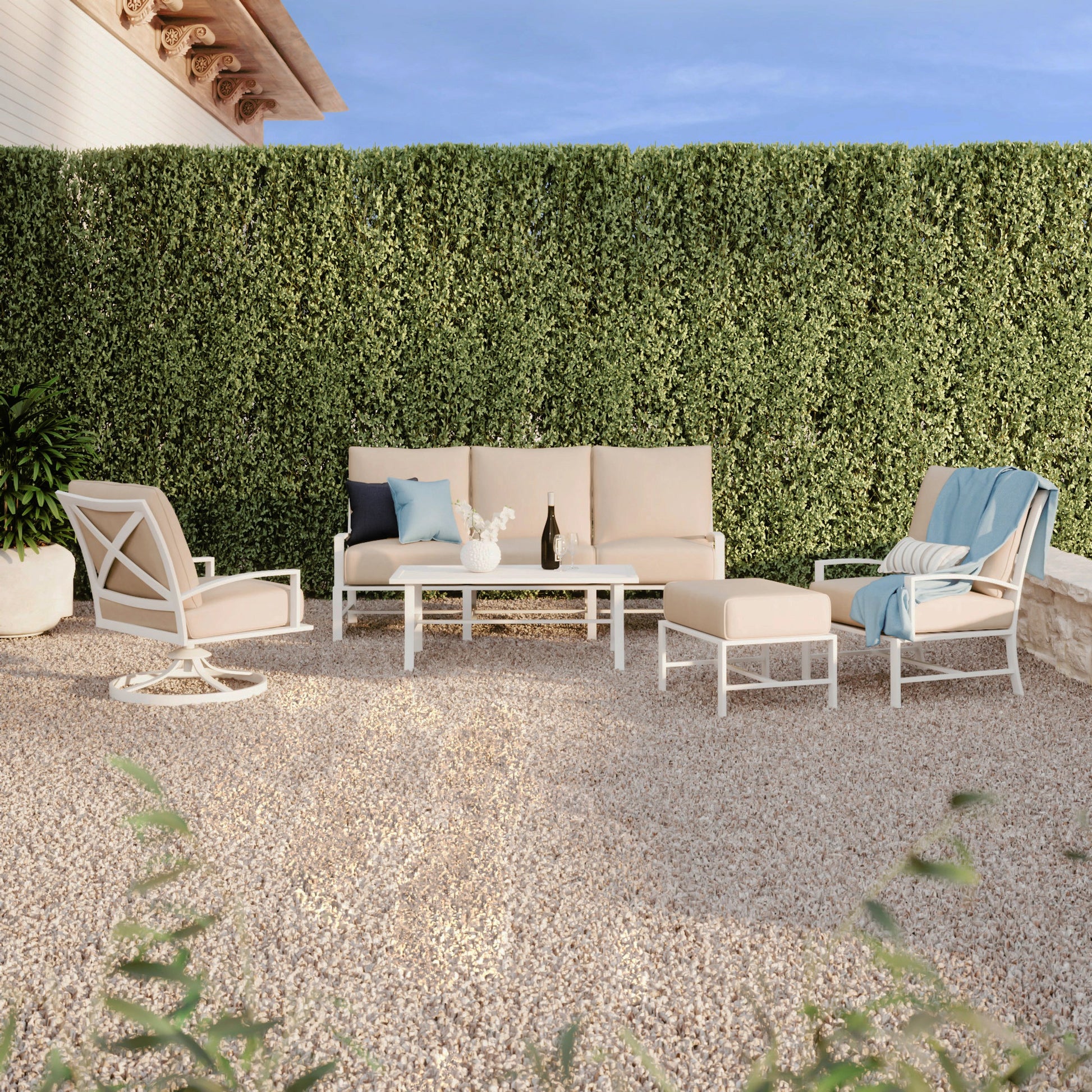 Bristol Outdoor Ottoman in Canvas Flax w/ Self Welt by Sunset West in white. Made from aluminum in a modern style.