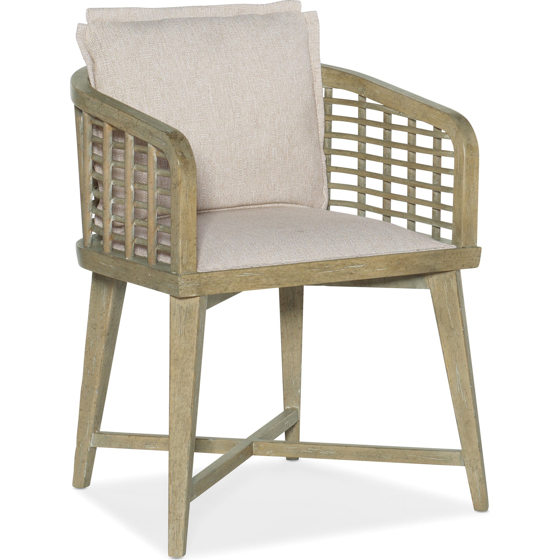 Surfrider Barrel Back Chair by Hooker Furniture in beige and driftwood, zuri cream. Made from fabric, foam, nailheads in a coastal style.