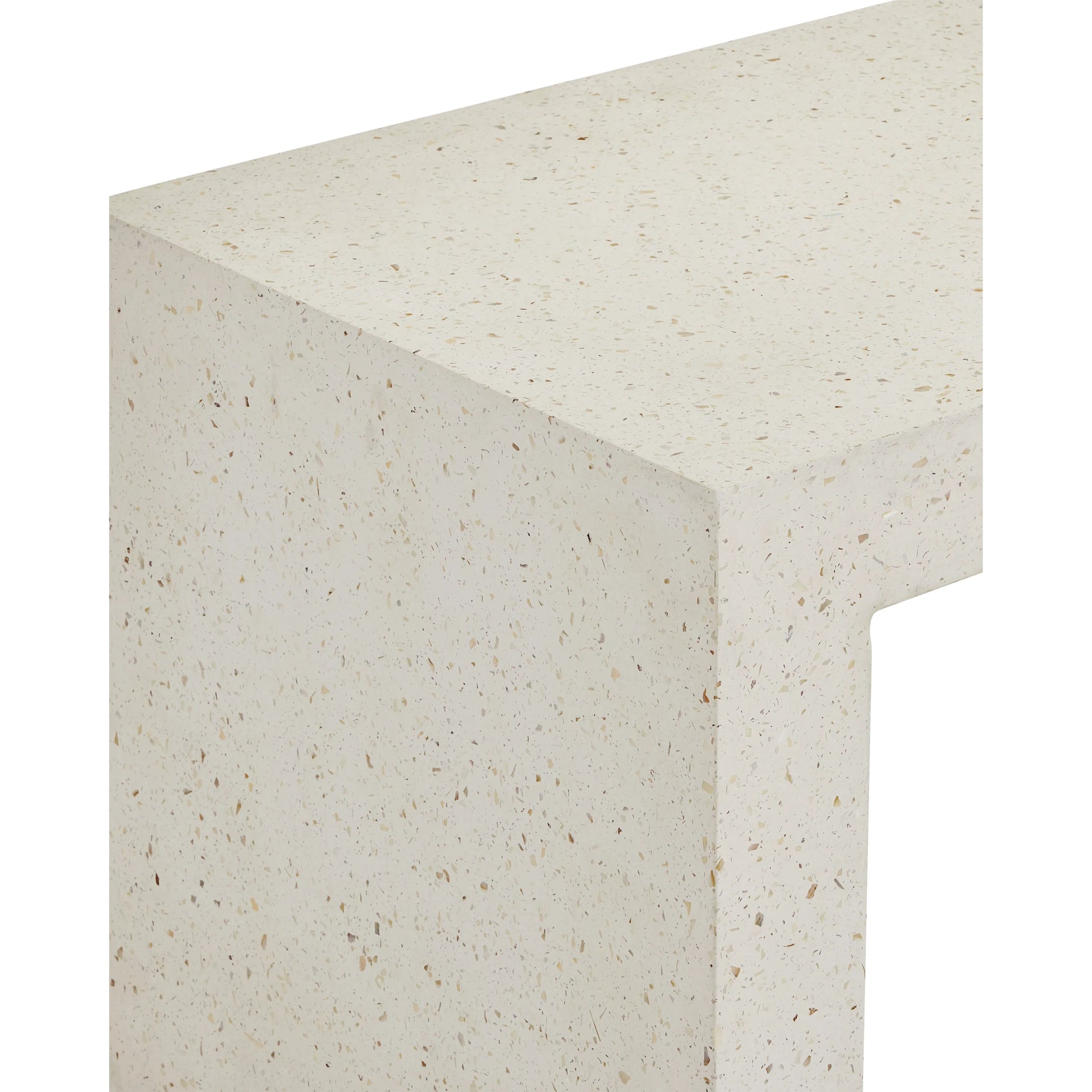 Carson Bench by Currey and Company in ivory terrazzo. Made from concrete, stone, shell in a modern style.