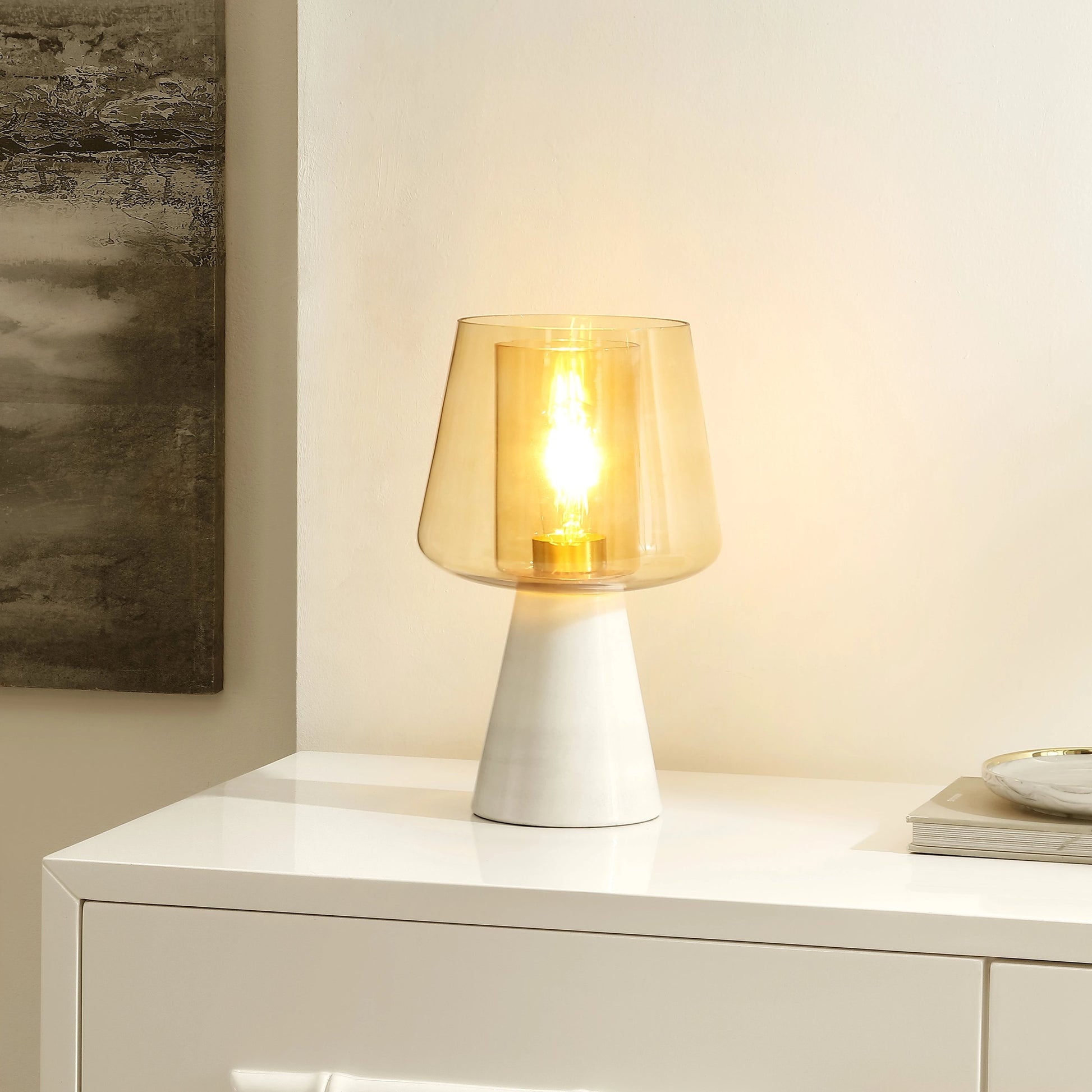 Reeder Table Lamp by HedgeApple Essentials in amber, white. Made from marble, glass, iron in a modern style.