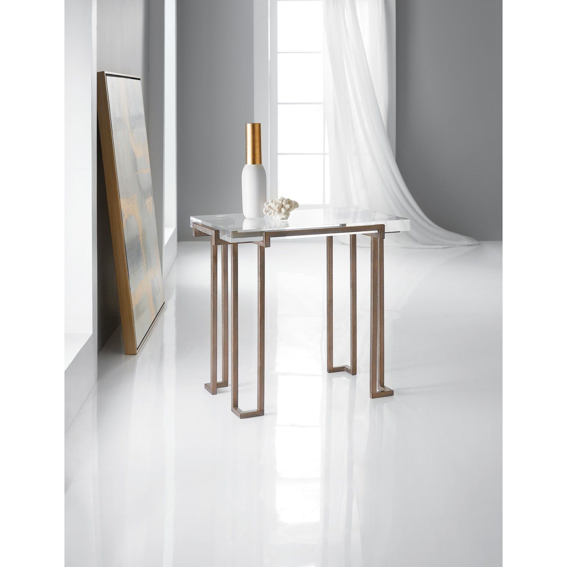 Grove End Table by Hooker Furniture in antique brass. Made from acrylic, iron in a modern style.