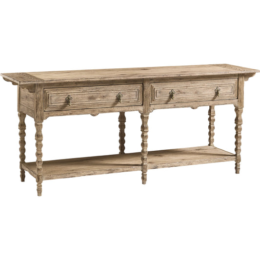 Sagehill Spindle-Leg Console by Jonathan Charles in timberon grey oak. Made from main oak in a unique style.