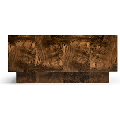 Jacques Radius Cocktail Table by Jonathan Charles in brown and walnut burl. Made from book match walnut burl veneer in a modern style.