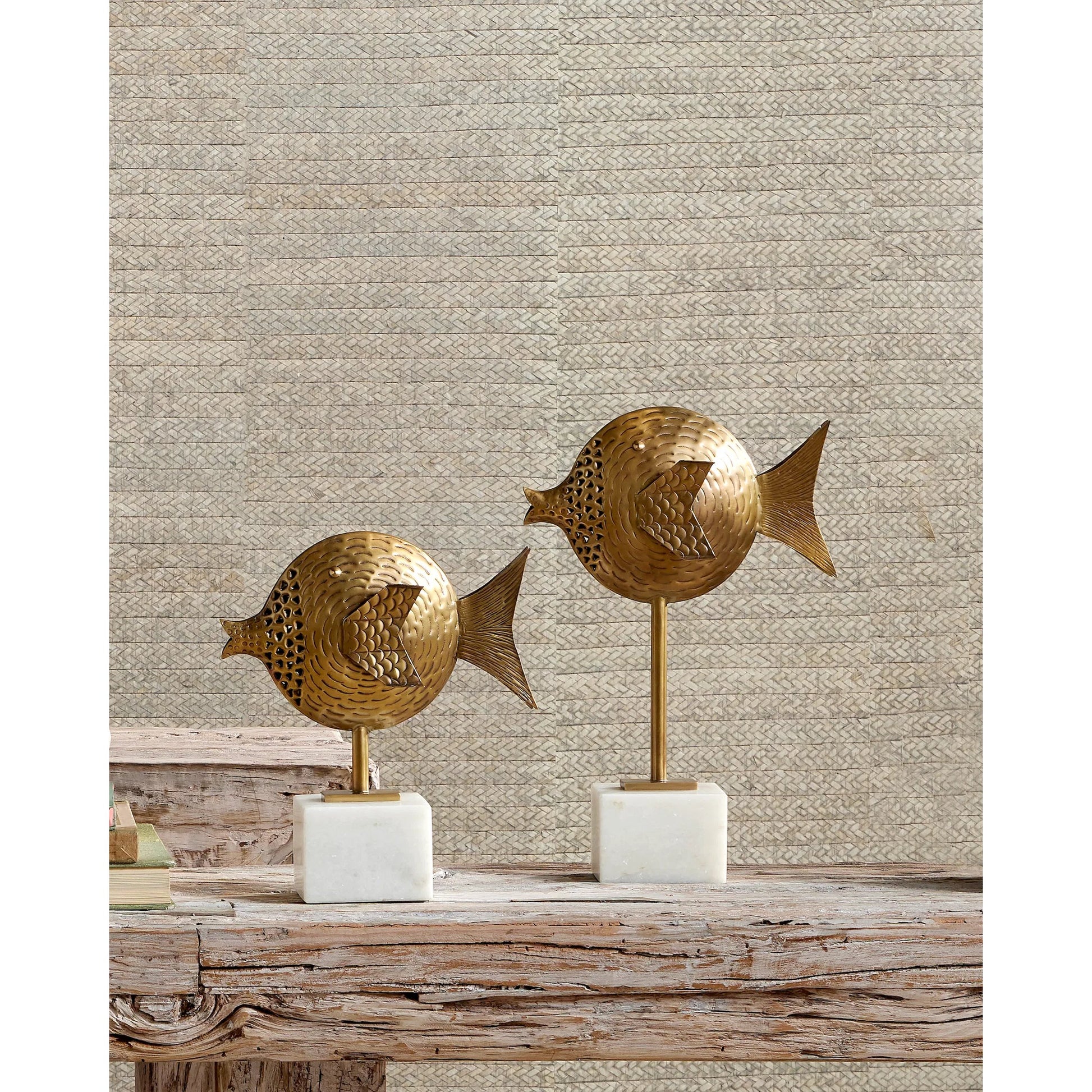 Cici Fish Set by Currey and Company in antique brass, white. Made from brass, marble in a coastal style.