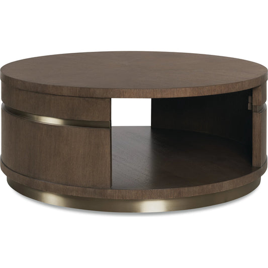 Commerce and Market Roll With It Round Cocktail Table by Hooker Furniture in dark wood and dark wood, white oak veneers, champagne colored metal. Made from white oak veneers, stainless steel in a unique style.