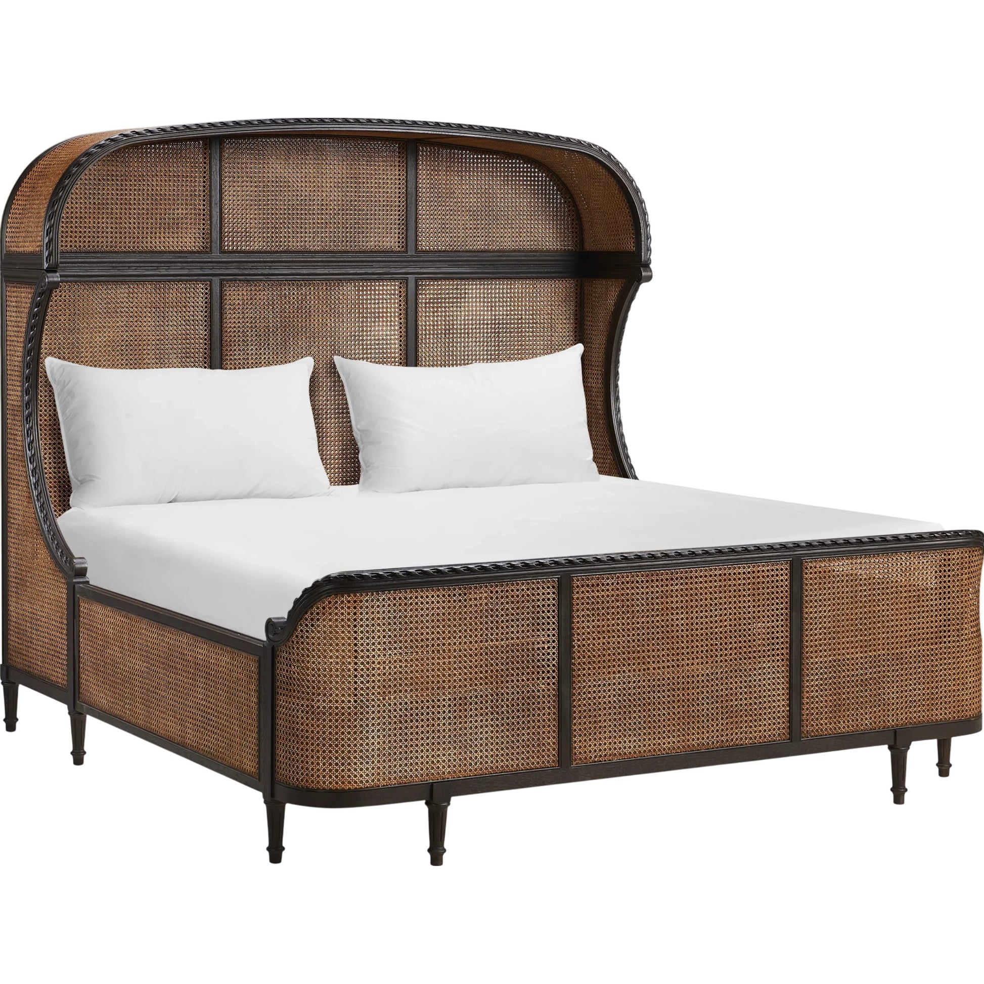 Tangiers Shelter Bed by Jonathan Charles in brown, black and ebonized oak. Made from oak solids, natural cane, flat-cut oak veneers in a rustic style.