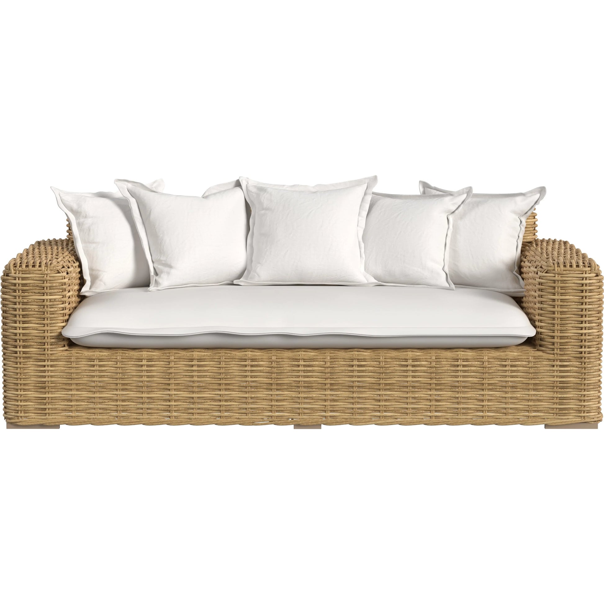 Playa Outdoor Loveseat by Sunset West in medium wood. Made from resin wicker in a rustic style.