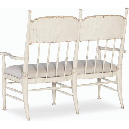 Americana Dining Bench by Hooker Furniture in beige. Made from oak veneers and fabric in a cottage & farmhouse style.