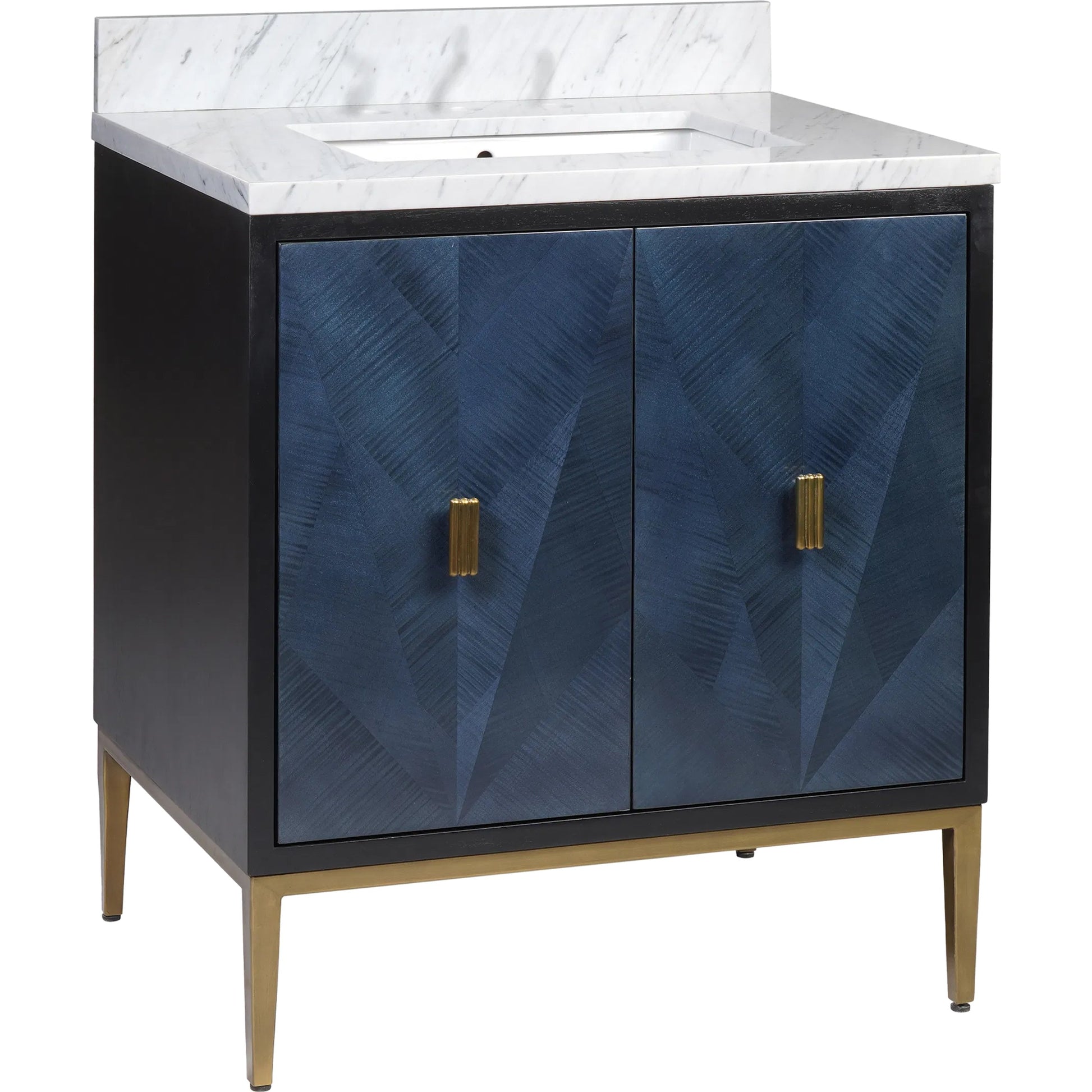 Kallista 30" Blue Vanity with Undermount Sink by Currey and Company in dark sapphire, caviar black, natural, white, antique brass. Made from sycamore veneer, mahogany veneer, carrera marble, vitreous china, iron, brass in a unique styl